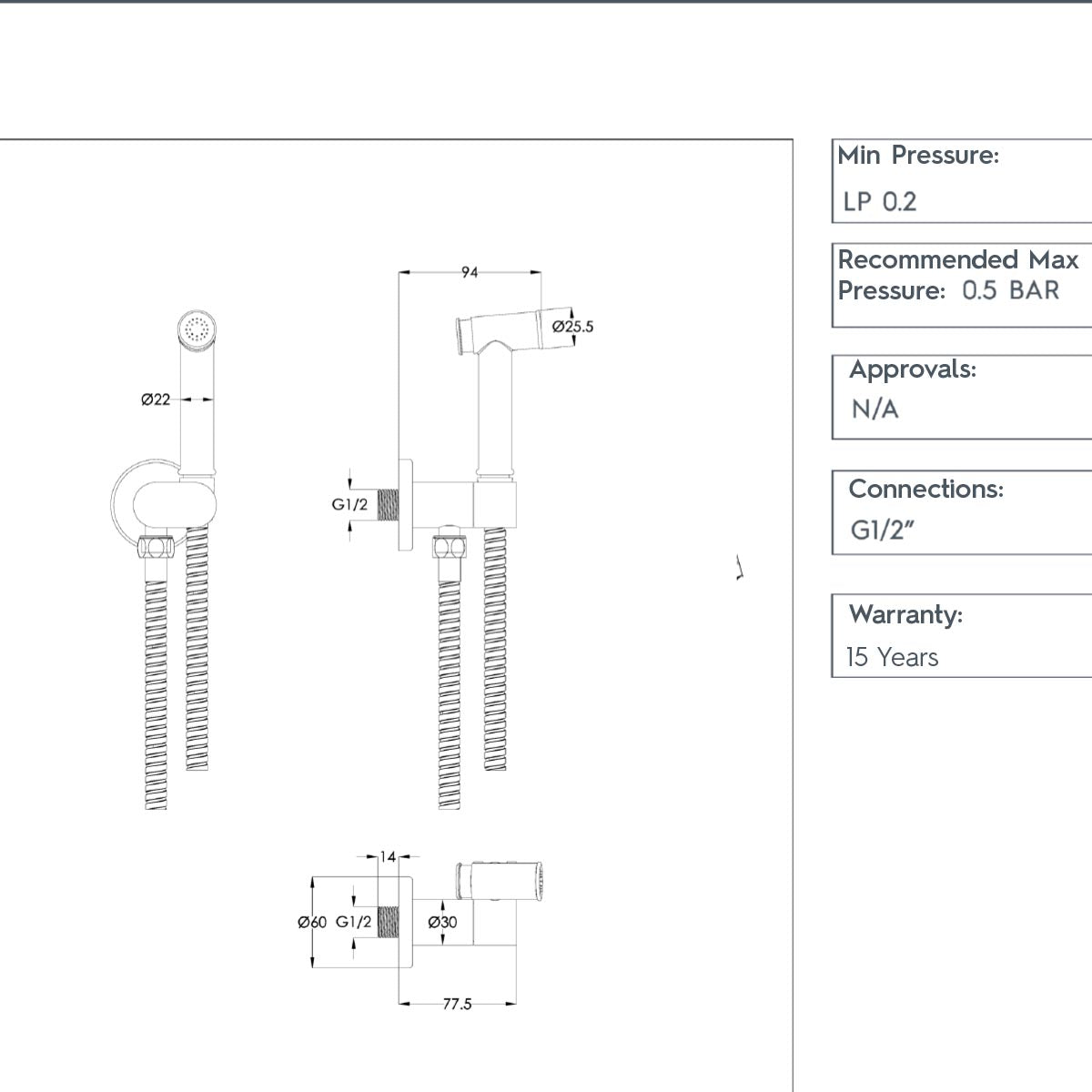 brushed brass cold water shower douche kit technical details 