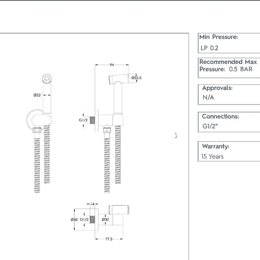 brushed brass cold water shower douche kit technical details 