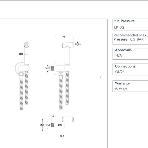 brushed brass cold water shower douche kit technical details 