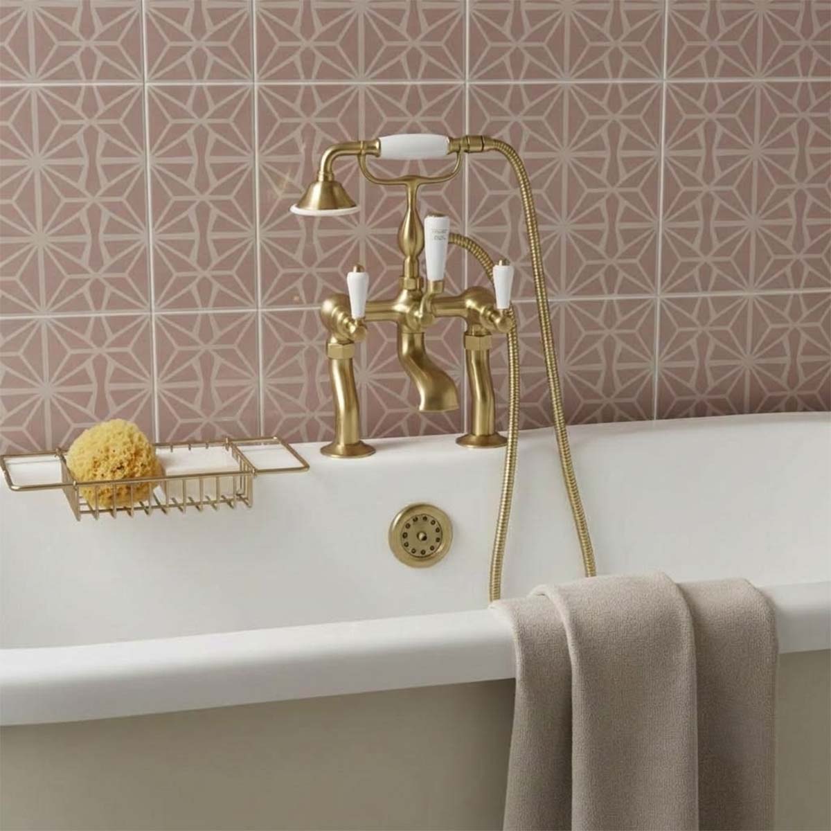 brushed brass deck mounted bath filler with shower kit