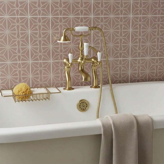 brushed brass deck mounted bath filler with shower kit