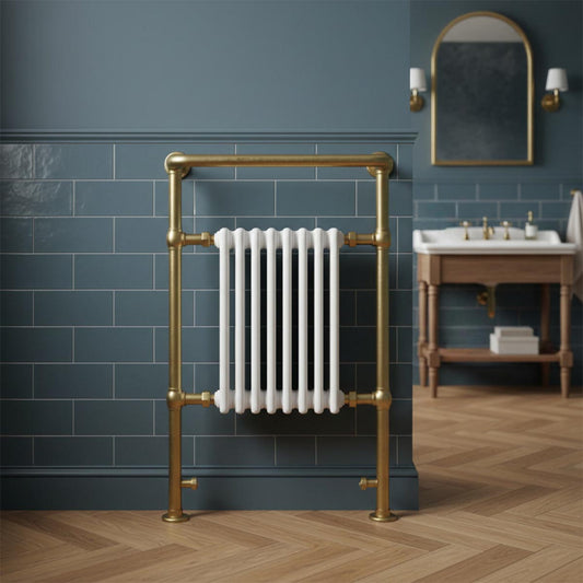 brushed brass dual  fuel towel rail radiator with white ceramic columns
