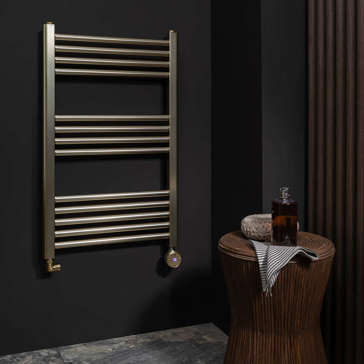 brushed brass electric towel radiator 