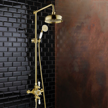 Aura Exposed Thermostatic Valve with Shower Riser, Fixed Shower Head and Kit - Brushed Brass