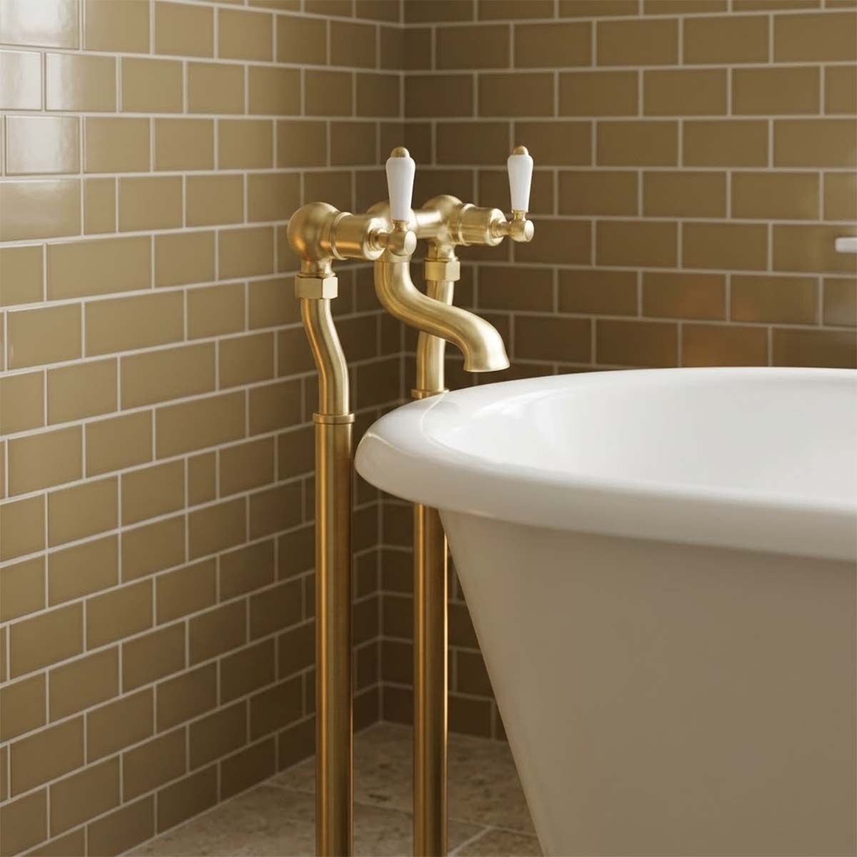 brushed brass floorstanding bath filler with white ceramic levers 