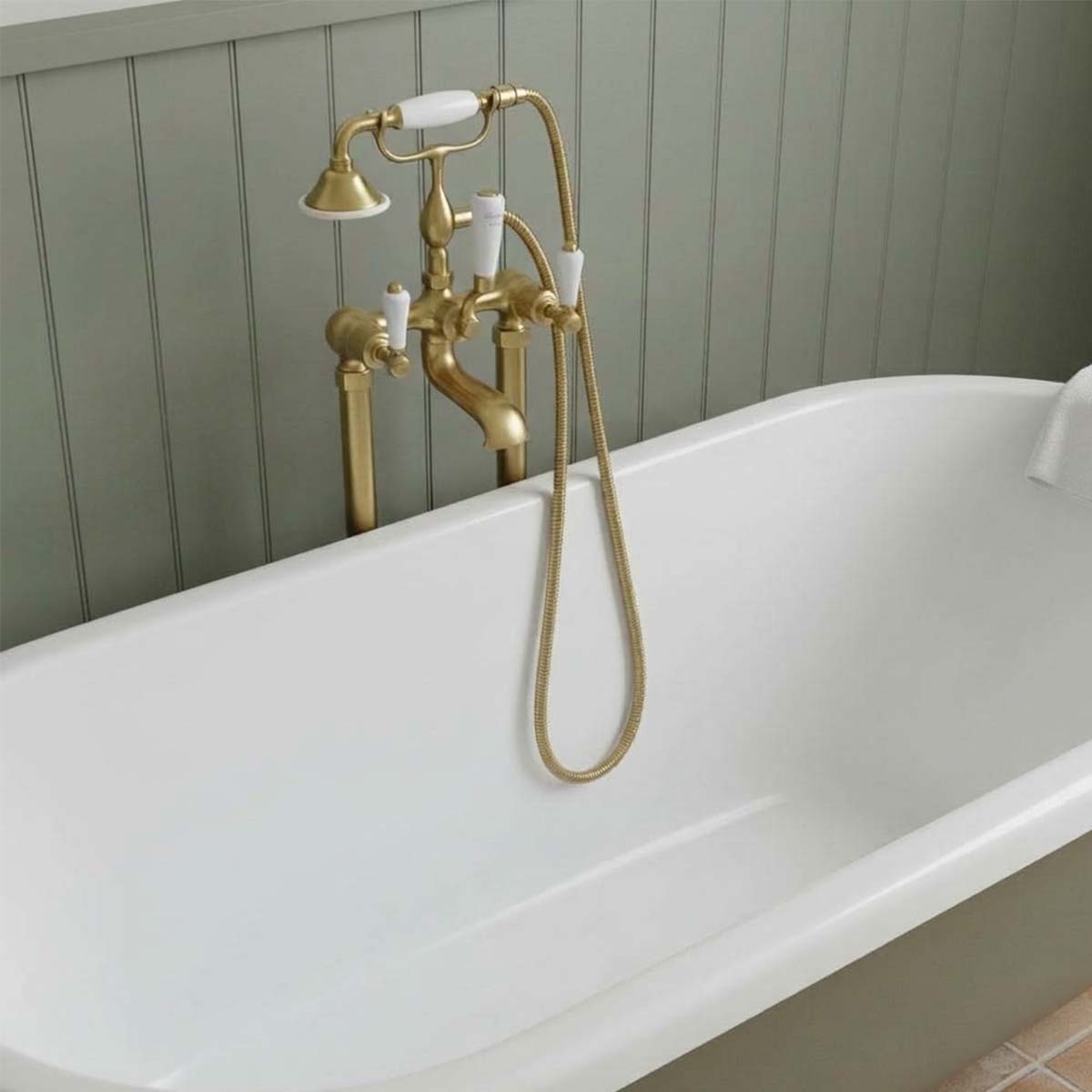 brushed brass floorstanding bath shower mixer with lever handles 