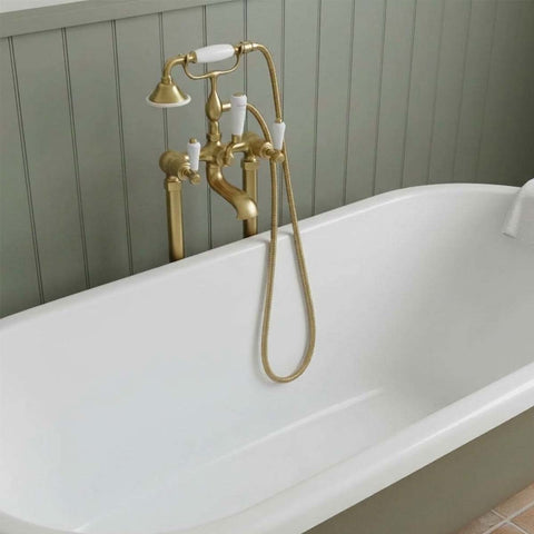 brushed brass floorstanding bath shower mixer with lever handles 