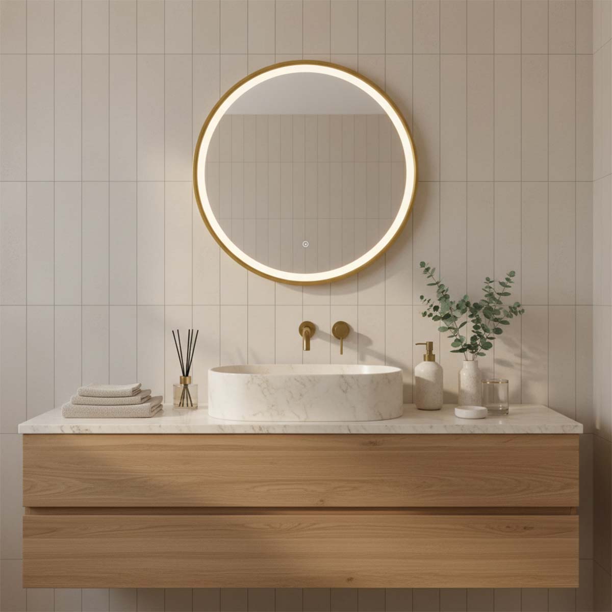 brushed brass frame round LED bathroom mirror