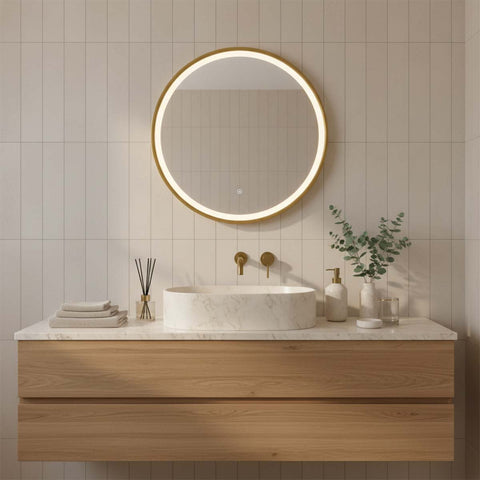 brushed brass frame round LED bathroom mirror