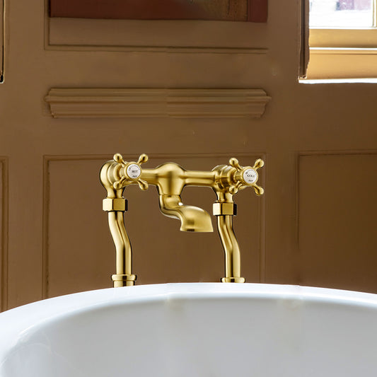 Aura Freestanding Bath Filler Tap with Crosshead Handles - Brushed Brass