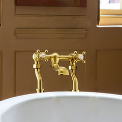 Floor standing Bath Filler Tap with Crosshead Handles - Brushed Brass