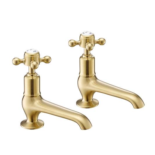 Aura Brushed Brass Long Nose Basin Taps with Crosshead Handles (Pair)