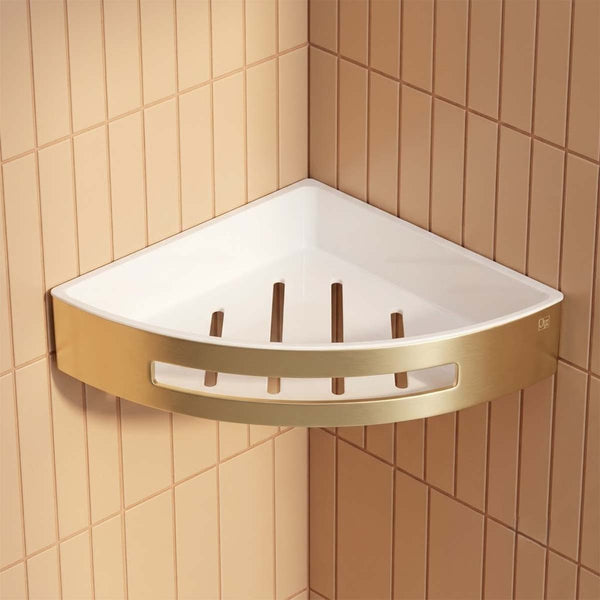 brushed brass single tier shower caddy with shelf