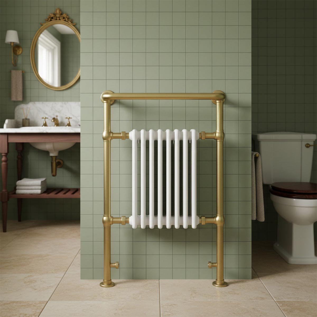 brushed brass traditional towel radiator with hanging rail 