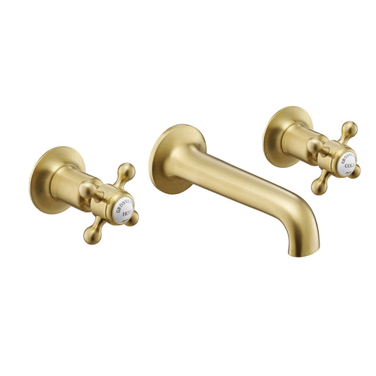 Aura Brushed Brass 3 Hole Basin Mixer Tap Crosshead Wall Mounted