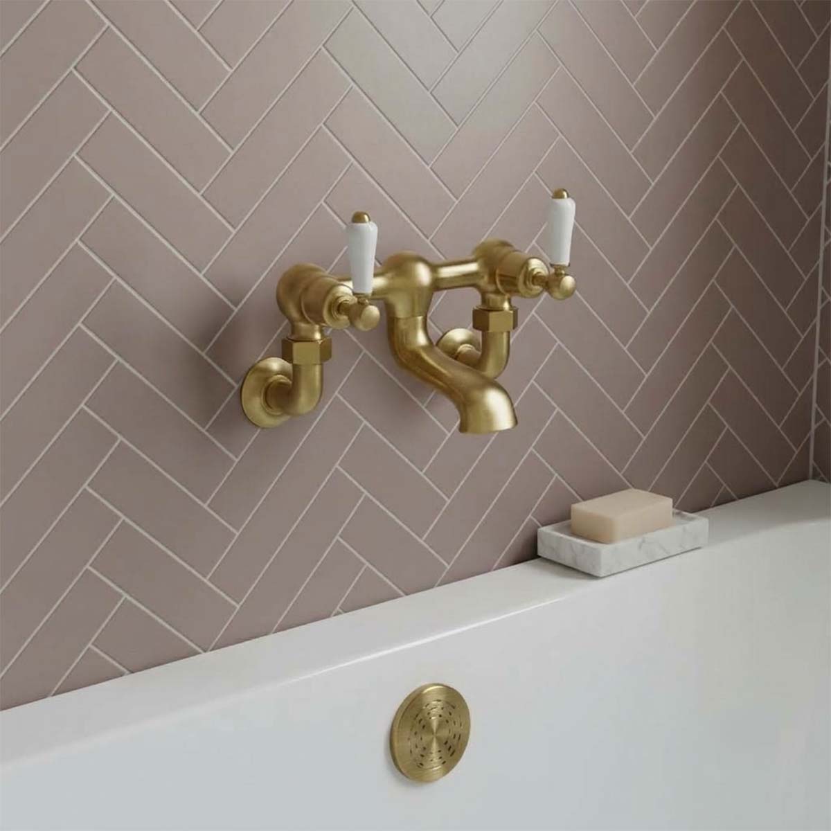 brushed brass wall mounted bath tap with ceramic lever handles