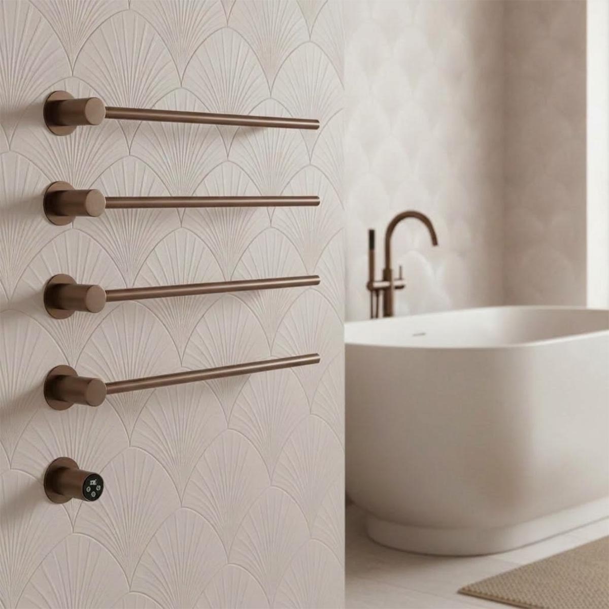 brushed bronze electric heated open ended towel bars with timer and thermostat
