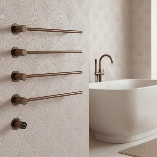 brushed bronze electric heated open ended towel bars with timer and thermostat