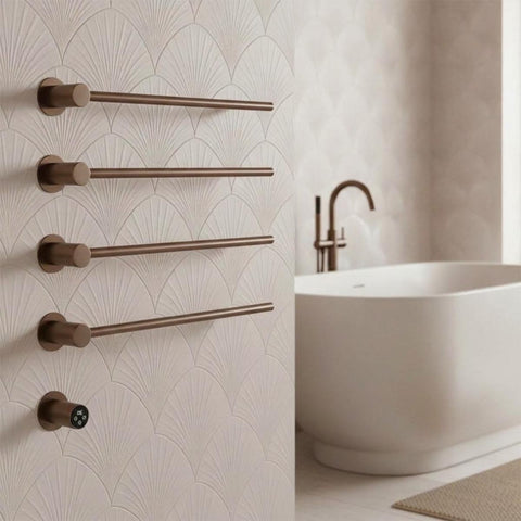 brushed bronze electric heated open ended towel bars with timer and thermostat