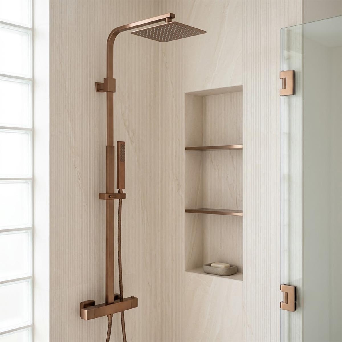brushed bronze exposed thermostatic shower valve with rigid riser and handset