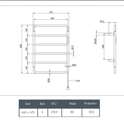 electric towel rail with thermostat technical sheet