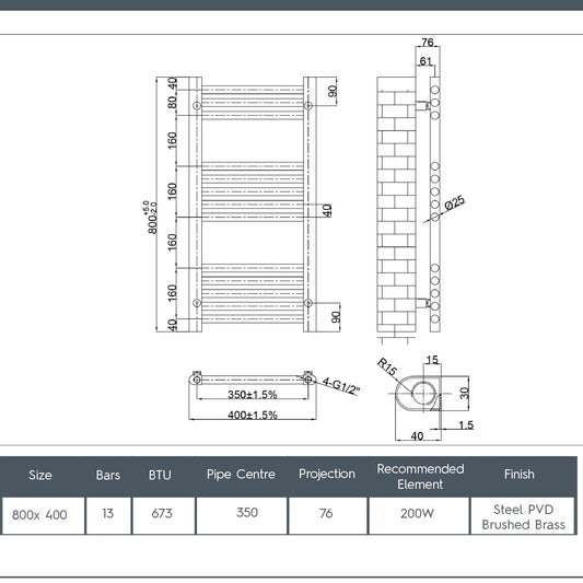 Dual Fuel Towel Rail Radiator - 800mm x 400mm - Brushed Brass