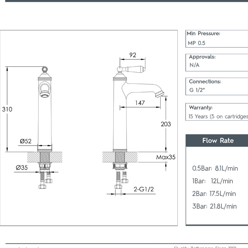 Tall basin mixer tap- Technical drawing