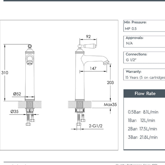 Traditional Tall Single Lever Basin Mixer Tap with Click Clack Waste - Brushed Brass
