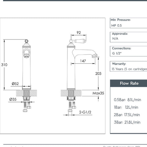 Tall basin mixer tap- Technical drawing