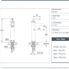 Tall basin mixer tap- Technical drawing