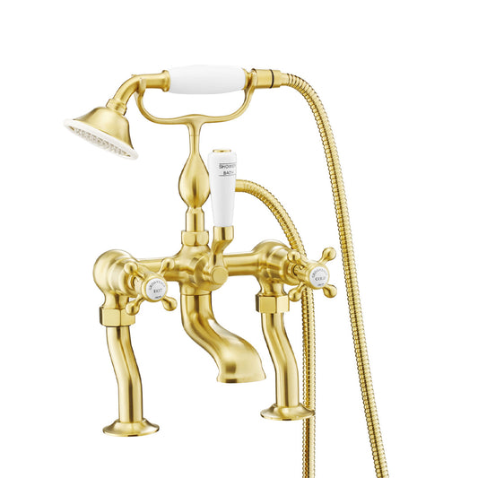 Aura Traditional Deck Mounted Bath Shower Mixer Tap - Brushed Brass