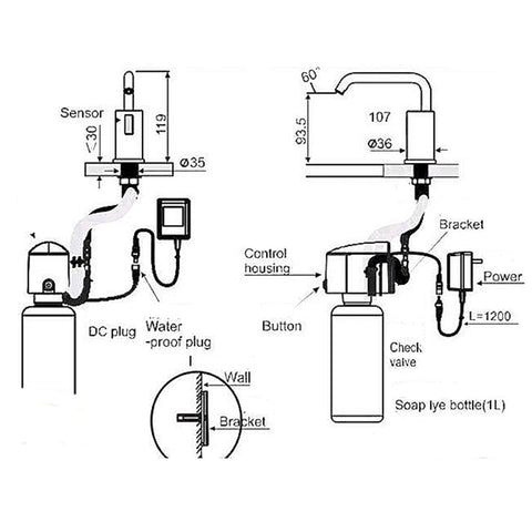 automatic soap dispenser brushed brass - technical drawing