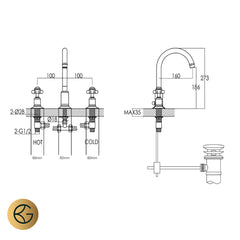 gold basin mixer tap with pop up waste and crosshead handles