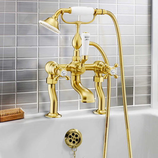 Aura Traditional Deck Mounted Bath Shower Mixer Tap - Brushed Brass