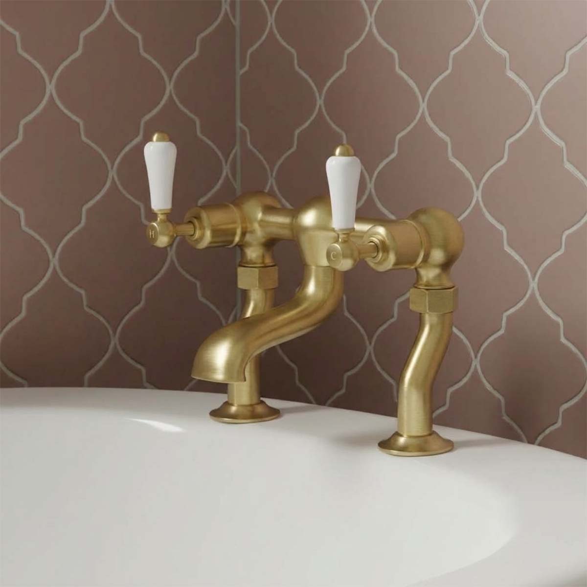 deck mounted tradiational bath filler with ceramic lever handles - brushed brass