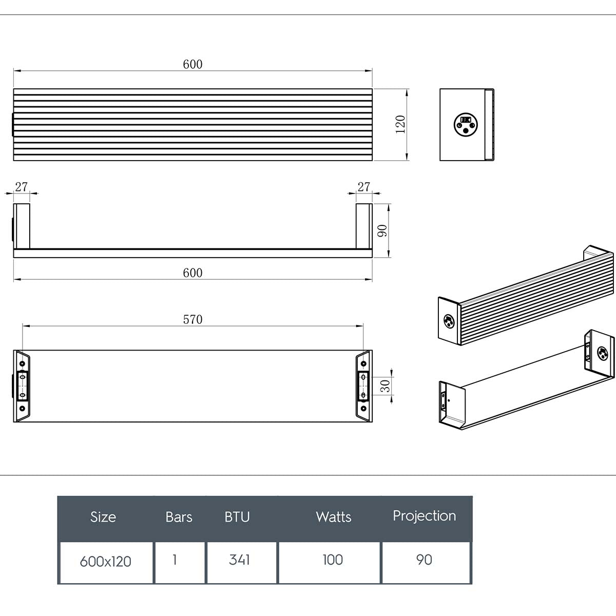 electric heated towel warmer  600mm -  technical details 