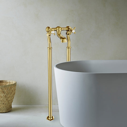 Brushed Gold Freestanding Bath Filler Tap with Crosshead Handles