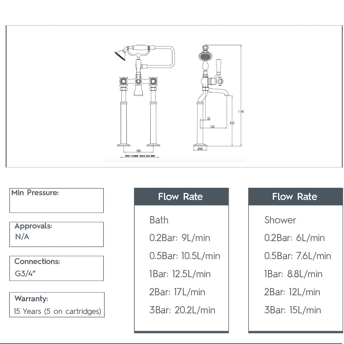 freestanding bath tap with shower vintage style - technical drawing
