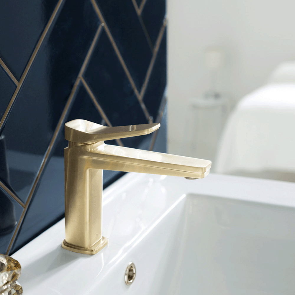 brushed gold basin mixer tap with single lever