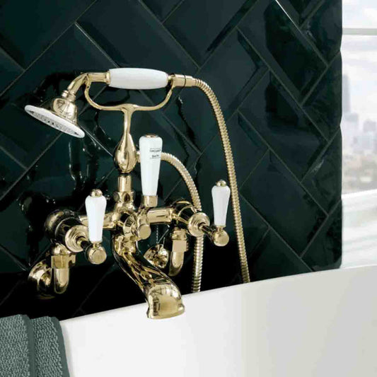 Polished Gold Bath Shower Mixer Tap with Kit Wall Mounted