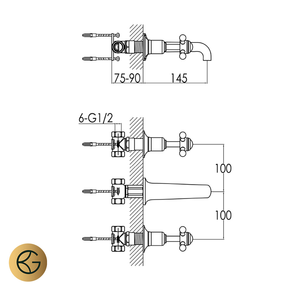 Traditional 3 Hole Wall-Mounted Basin Mixer Tap Crosshead 