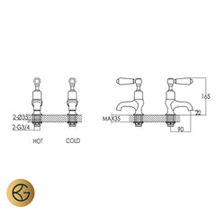 Pair of gold bath filler taps in traditional style