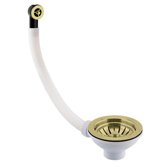 Gold Basket Strainer Kitchen Sink Waste with Overflow Pipe and Round Cover - 115mm