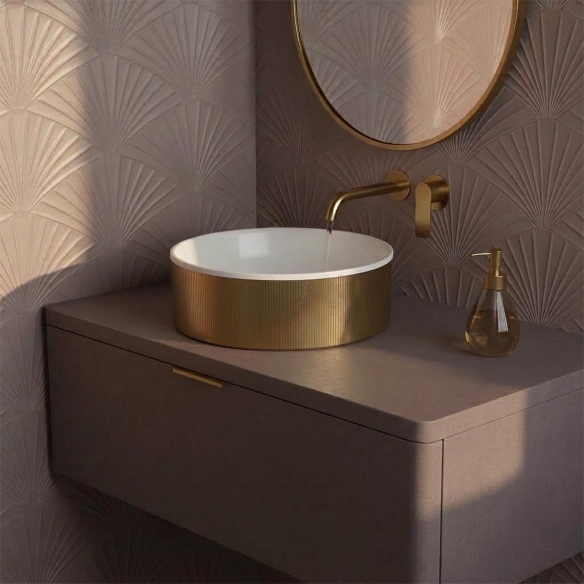 gold countertop vassel made of ceramic and stainless steel