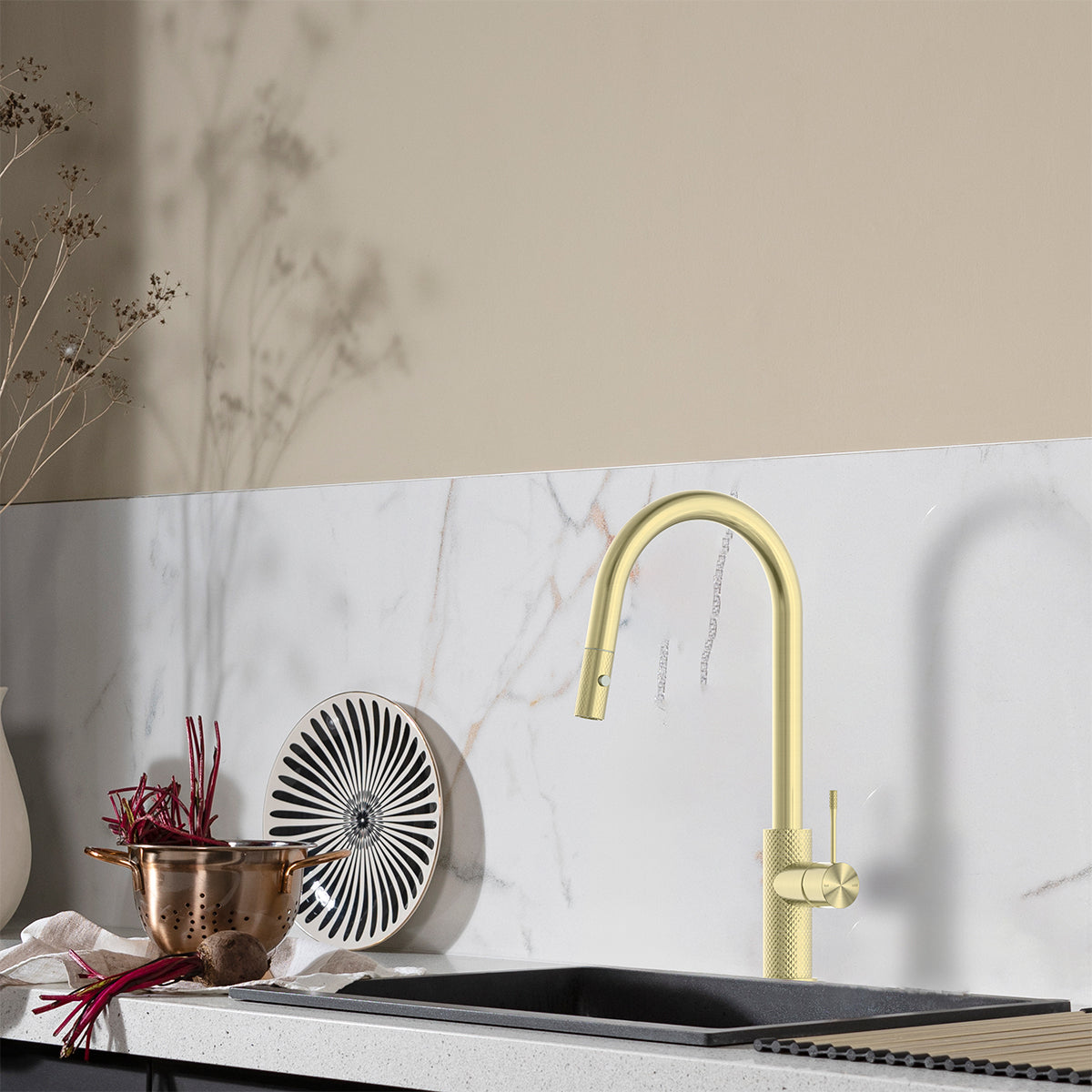 brushed brass kitchen mixer tap with pull out spray