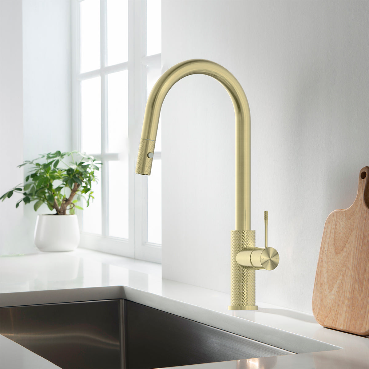 Brushed Gold Kitchen Tap with Pull Out Spray and Designer Handle