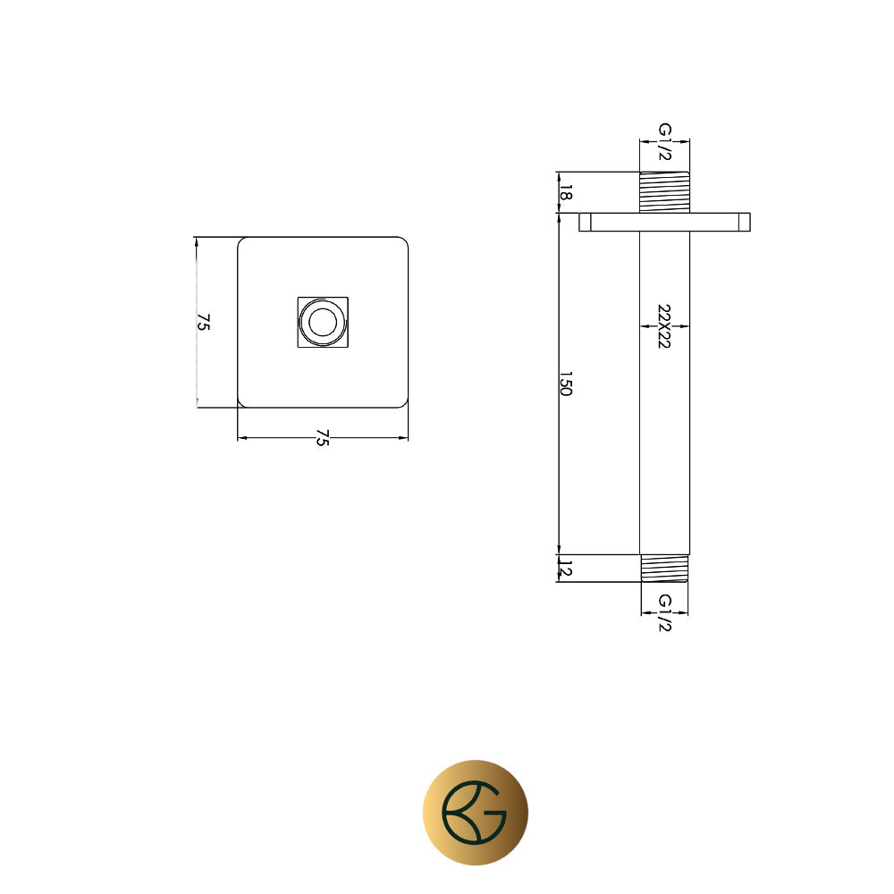 square ceiling shower arm 150mm