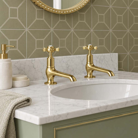 gold traditional pillar taps with long nose and crosshead handles