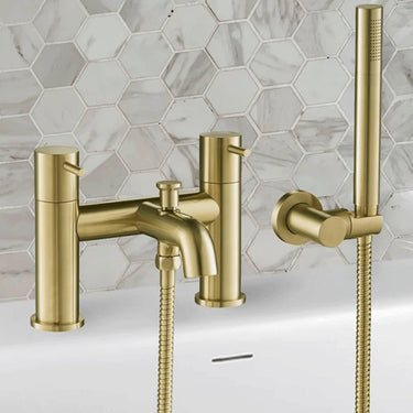 Deck Mounted Bath Mixer Tap with Shower Handset - Brushed Brass Finish