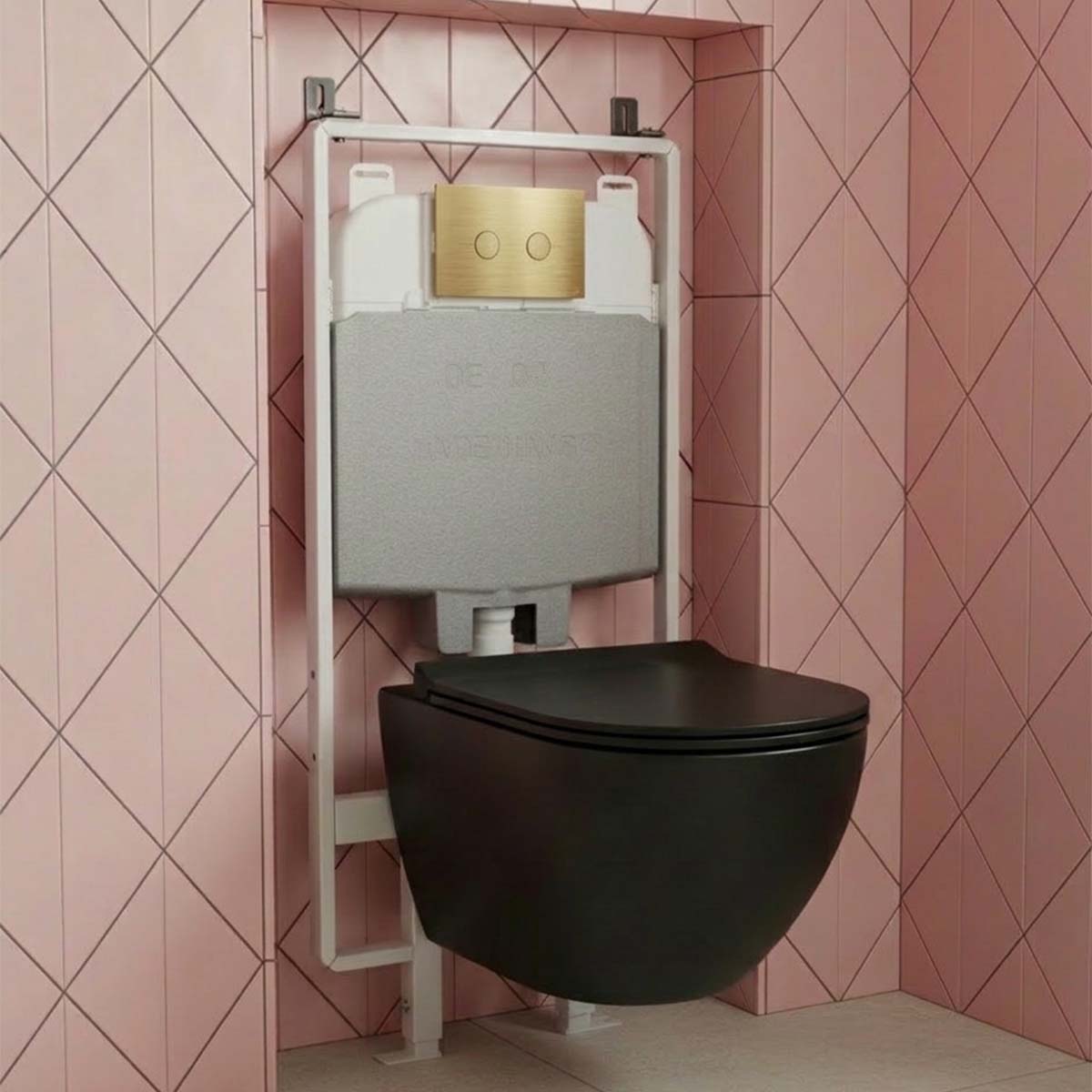 matt black toilet with cistern 1.2m frame and brushed brass flush plate  